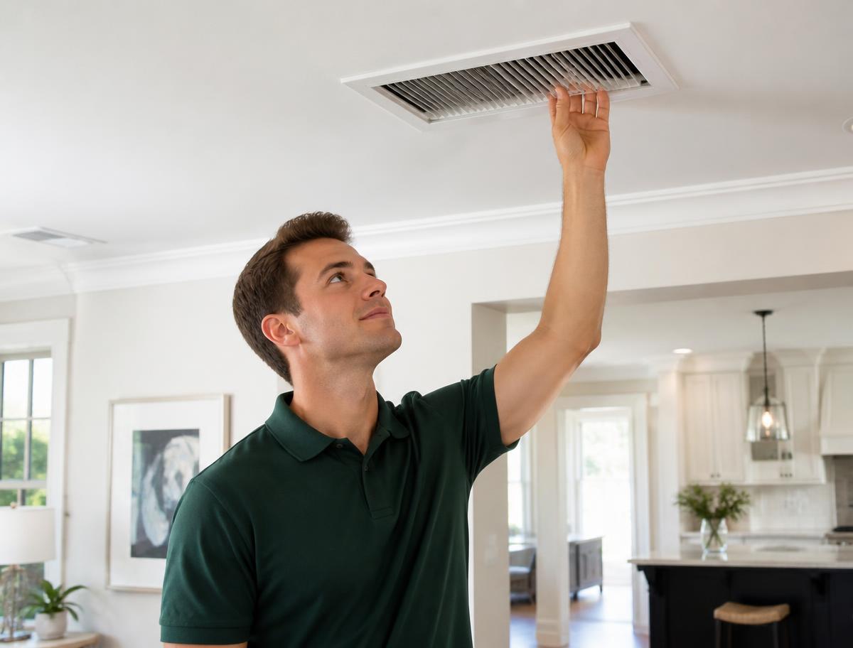 Professional technician inspecting a ceiling air vent